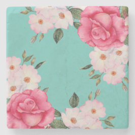 Waterverf Vibrant roze witte rozen Turquoise Terug Stenen Onderzetter