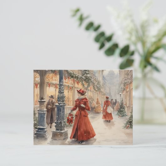 Waterverf Victoriaans Era Dames in Rood Feestdagenkaart (Staand voorkant)