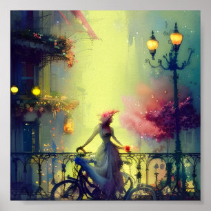 Waterverf Victoriaans vrouw en fiets Poster