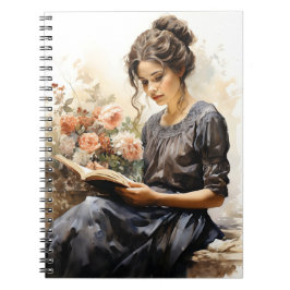 Waterverf Victoriaans vrouw lezen van een boek Notitieboek