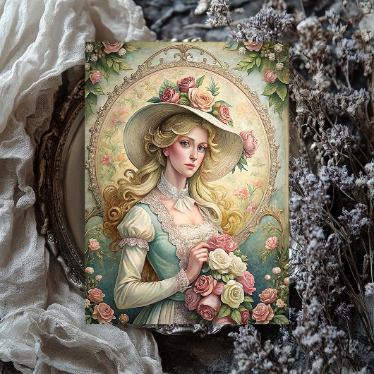 Waterverf  Victoriaans vrouw met roze rozen Tissuepapier