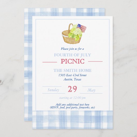 Waterverf Vierde juli Picknickuitnodiging Kaart (Voorkant / Achterkant)