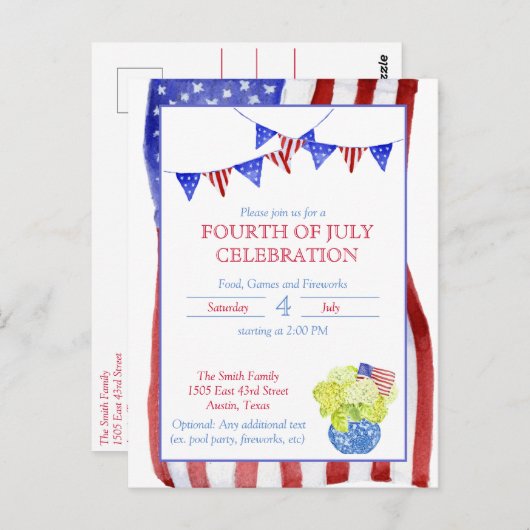 Waterverf Vierde van juli Partij Briefkaart (Voorkant / Achterkant)