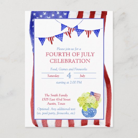 Waterverf Vierde van juli Partij Briefkaart (Voorkant)