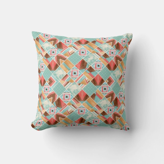 Waterverf vierkante, patchwork geometrische achter kussen (Voorkant)