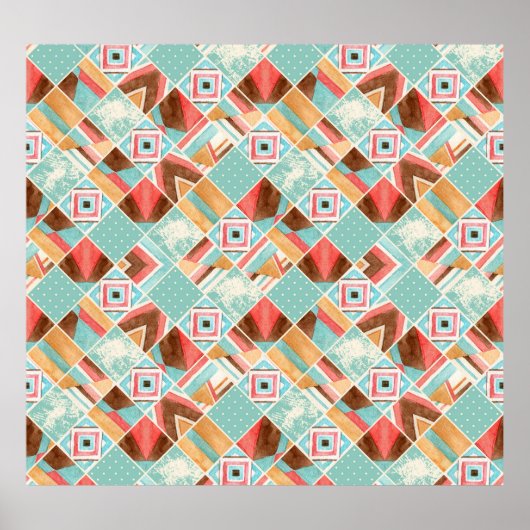 Waterverf vierkante, patchwork geometrische achter poster (Voorkant)