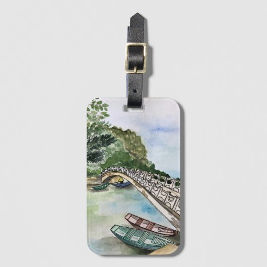 Waterverf, Vietnam, landschap in de provincie Ninh Bagagelabel (Voorkant (verticaal))