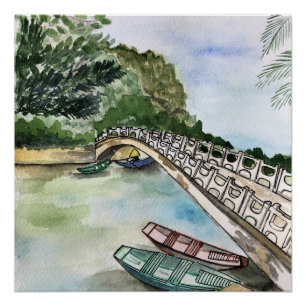 Waterverf, Vietnam, landschap in de provincie Ninh Perfect Poster