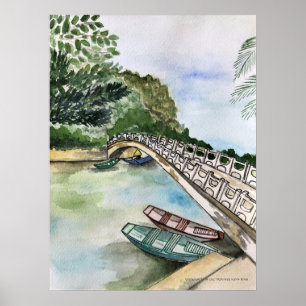 Waterverf, Vietnam, landschap in de provincie Ninh Poster