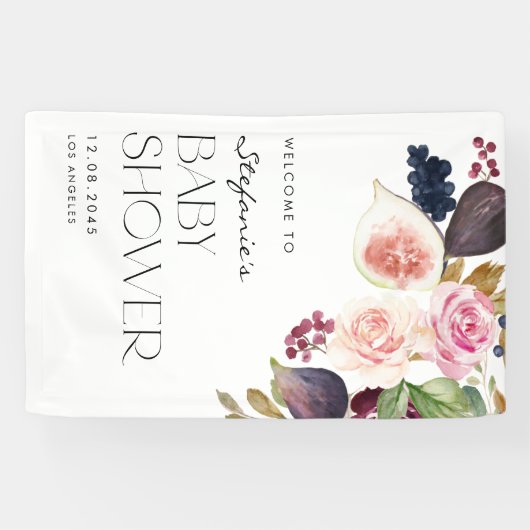 Waterverf Vijgen en Berry Floral Baby shower Spandoek (Horizontaal)