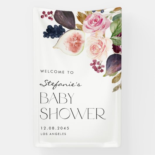 Waterverf Vijgen en Berry Floral Baby shower Spandoek (Verticaal)