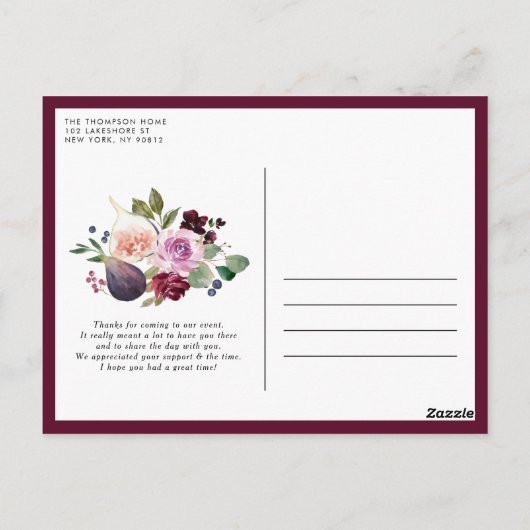 Waterverf vijgen en Bourgondische bloemen dank u Briefkaart (Achterkant)