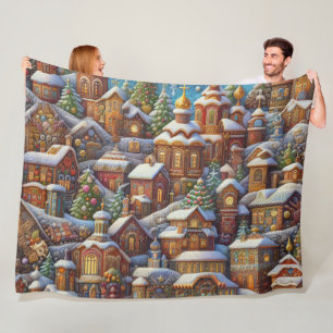 Waterverf Village Kerst Motieven Vakantie Fleece Deken