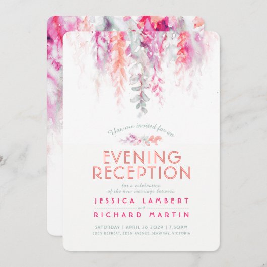 Waterverf Vine Coral Roze Groene Avondreceptie Kaart (Voorkant / Achterkant)