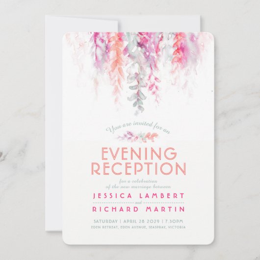 Waterverf Vine Coral Roze Groene Avondreceptie Kaart (Voorkant)