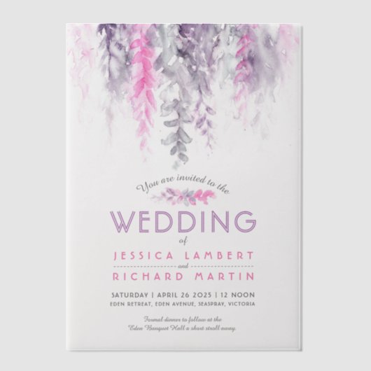 Waterverf Vine Roze paarse grijze bruiloft Vellum Uitnodigingen (Voorkant)