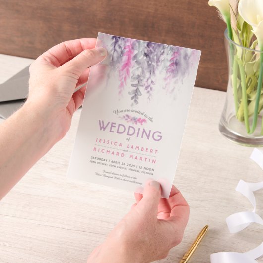 Waterverf Vine Roze paarse grijze bruiloft Vellum Uitnodigingen (Draagbaar)