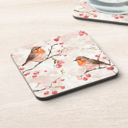 Waterverf vink in een besneeuwde winterboom en bes bier onderzetter (Linkerzijde)