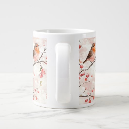 Waterverf vink in een besneeuwde winterboom en bes grote koffiekop (Achterkant)