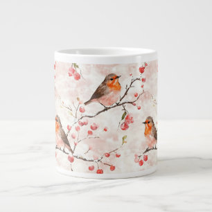 Waterverf vink in een besneeuwde winterboom en bes grote koffiekop