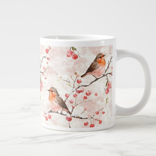 Waterverf vink in een besneeuwde winterboom en bes grote koffiekop (Rechts)