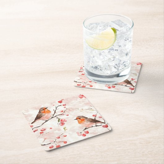 Waterverf vink in een besneeuwde winterboom en bes kartonnen onderzetters (Insitu)