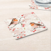 Waterverf vink in een besneeuwde winterboom en bes kartonnen onderzetters (Schuin)