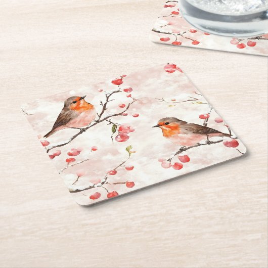 Waterverf vink in een besneeuwde winterboom en bes kartonnen onderzetters (Schuin)