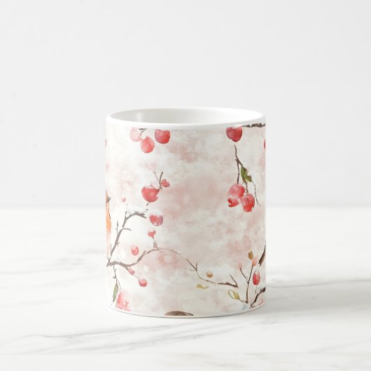 Waterverf vink in een besneeuwde winterboom en bes koffiemok (Center)