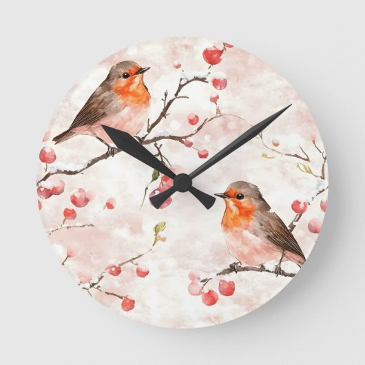 Waterverf vink in een besneeuwde winterboom en bes ronde klok (Voorkant)