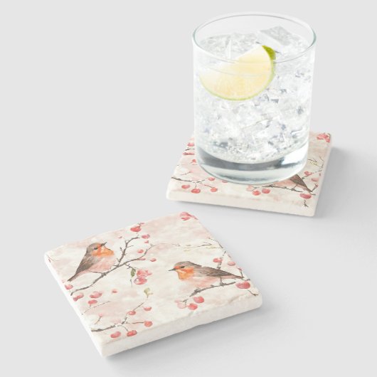 Waterverf vink in een besneeuwde winterboom en bes stenen onderzetter (Zijkant)