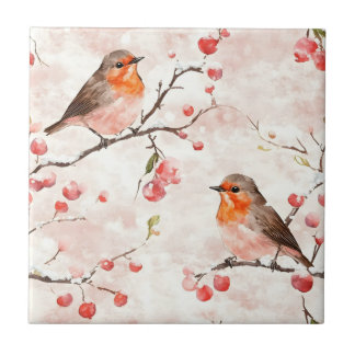 Waterverf vink in een besneeuwde winterboom en bes tegeltje