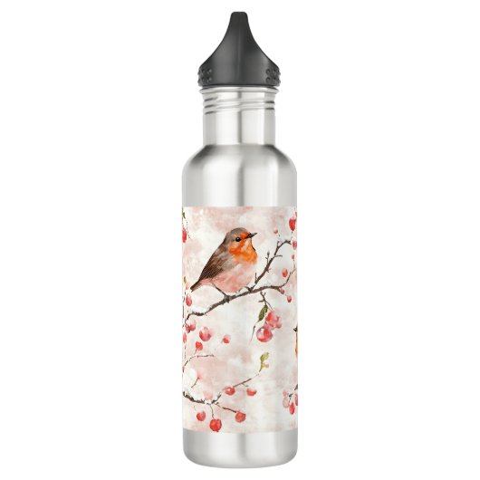 Waterverf vink in een besneeuwde winterboom en bes waterfles  (Links)