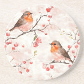 Waterverf vink in een besneeuwde winterboom en bes zandsteen onderzetter (Voorkant)