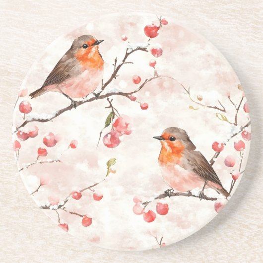 Waterverf vink in een besneeuwde winterboom en bes zandsteen onderzetter (Voorkant)