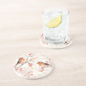 Waterverf vink in een besneeuwde winterboom en bes zandsteen onderzetter (Zijkant)