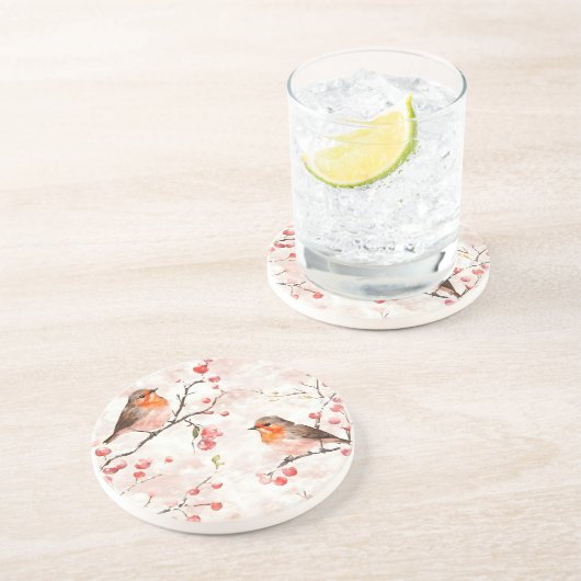 Waterverf vink in een besneeuwde winterboom en bes zandsteen onderzetter (Zijkant)