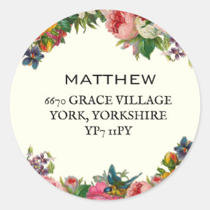 Waterverf Vintage Bloemige Bloem Adres  Ronde Sticker