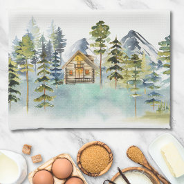 Waterverf Vintage Foggy Forest Mountain Cabin Theedoek