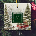 Waterverf Vintage Kerstboom Bos Monogram Keramisch Ornament<br><div class="desc">Waterverf vintage kerstbomen in besneeuwd bos boom ornament. Voeg uw eigen / familie monogram initiaal die zal verschijnen op de voor- en achterkant.</div>