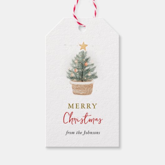 Waterverf Vintage kerstboom Cadeaulabel (Voorkant)