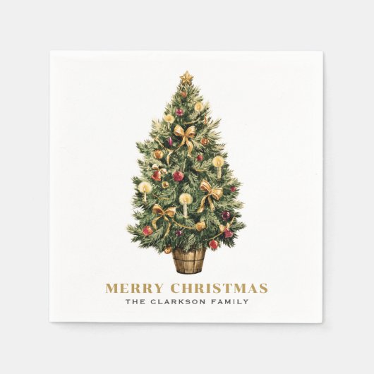 Waterverf Vintage Kerstboom Gouden Kerst Servet (Voorkant)