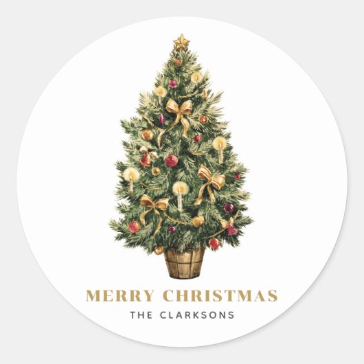 Waterverf Vintage Kerstboom Vakantie Ronde Sticker (Voorkant)