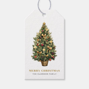 Waterverf Vintage Kerstboom Vrolijk Kerstfeest Cadeaulabel