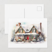 Waterverf Vintage Kersthuis Feestdagenkaart (Voorkant / Achterkant)