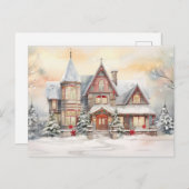 Waterverf Vintage Kersthuis Feestdagenkaart (Voorkant / Achterkant)