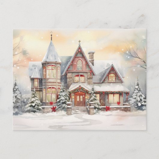 Waterverf Vintage Kersthuis Feestdagenkaart (Voorkant)