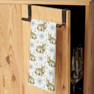 Waterverf Vintage Konijn & Madeliefjes Bloemen Pas Theedoek