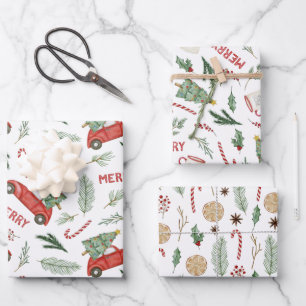 Waterverf Vintage Rode Auto Kerstbomen Inpakpapier Vel