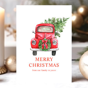 Waterverf Vintage Rode Truck Kerstboom Feestdagen Kaart